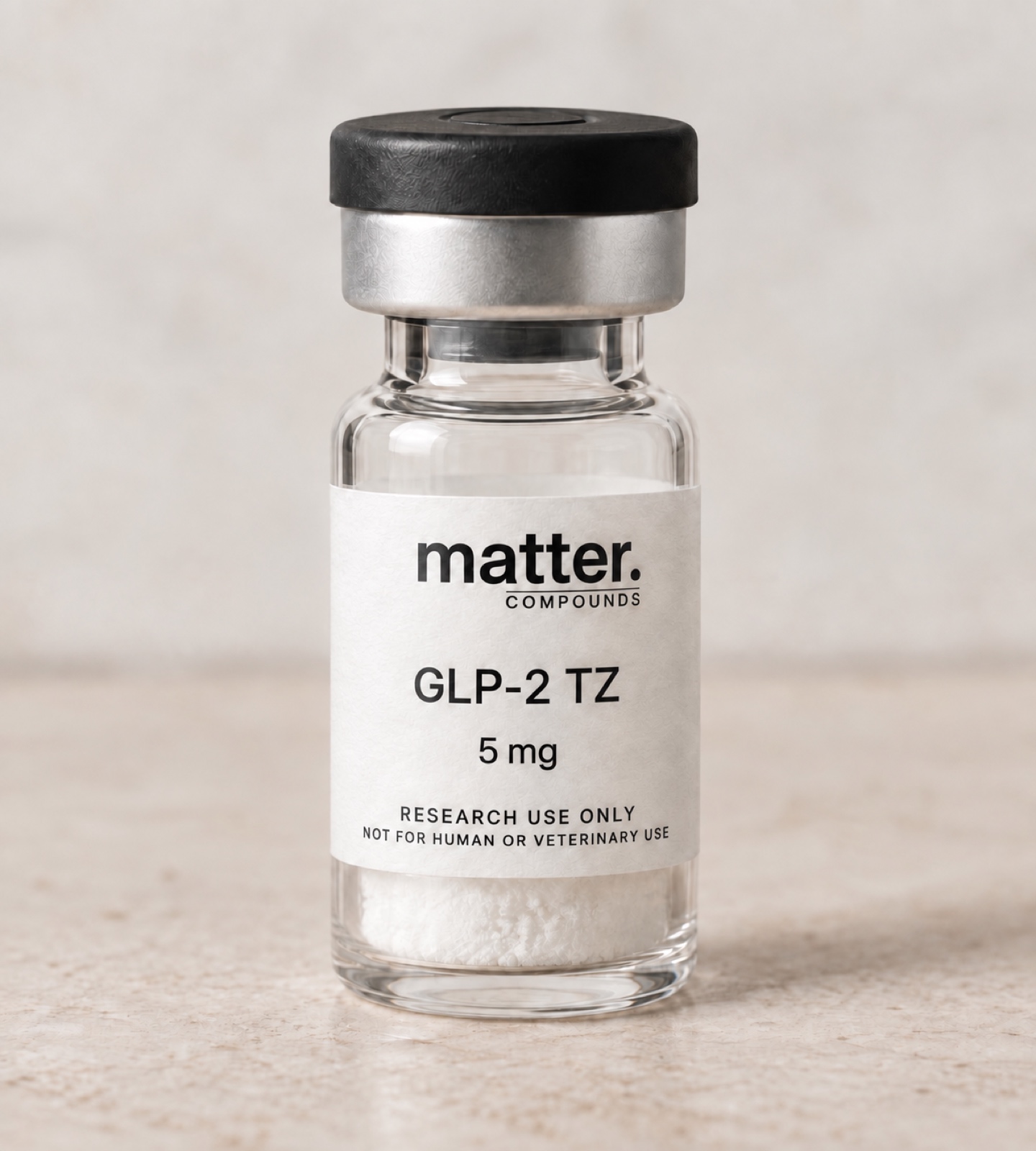 Clear 3 mL research vial with black flip-top closure and silver crimp seal, labeled matter. COMPOUNDS GLP-2 TZ 5 mg, research use only