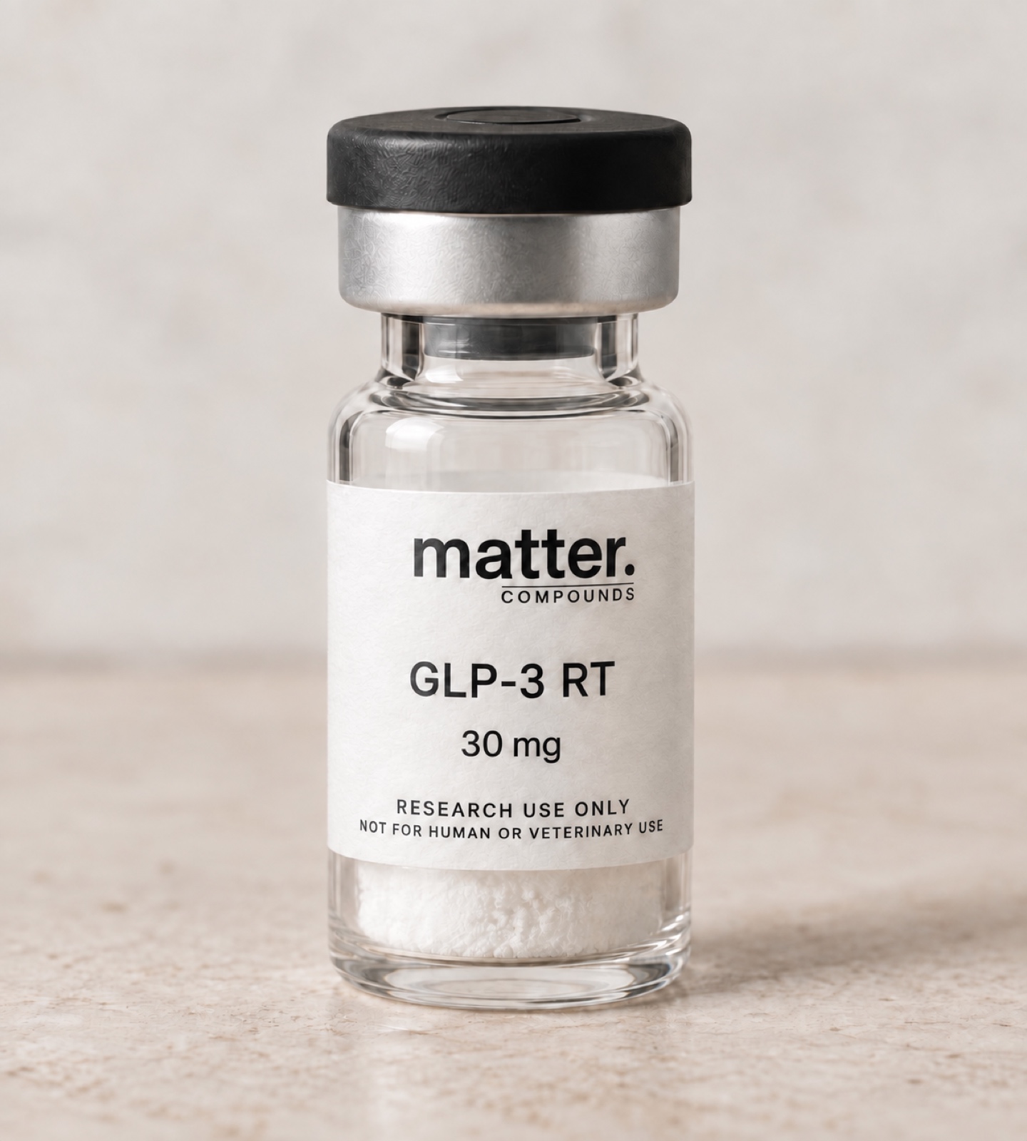 Clear 3 mL research vial with black flip-top closure and silver crimp seal, labeled matter. COMPOUNDS GLP-3 RT 30 mg, research use only